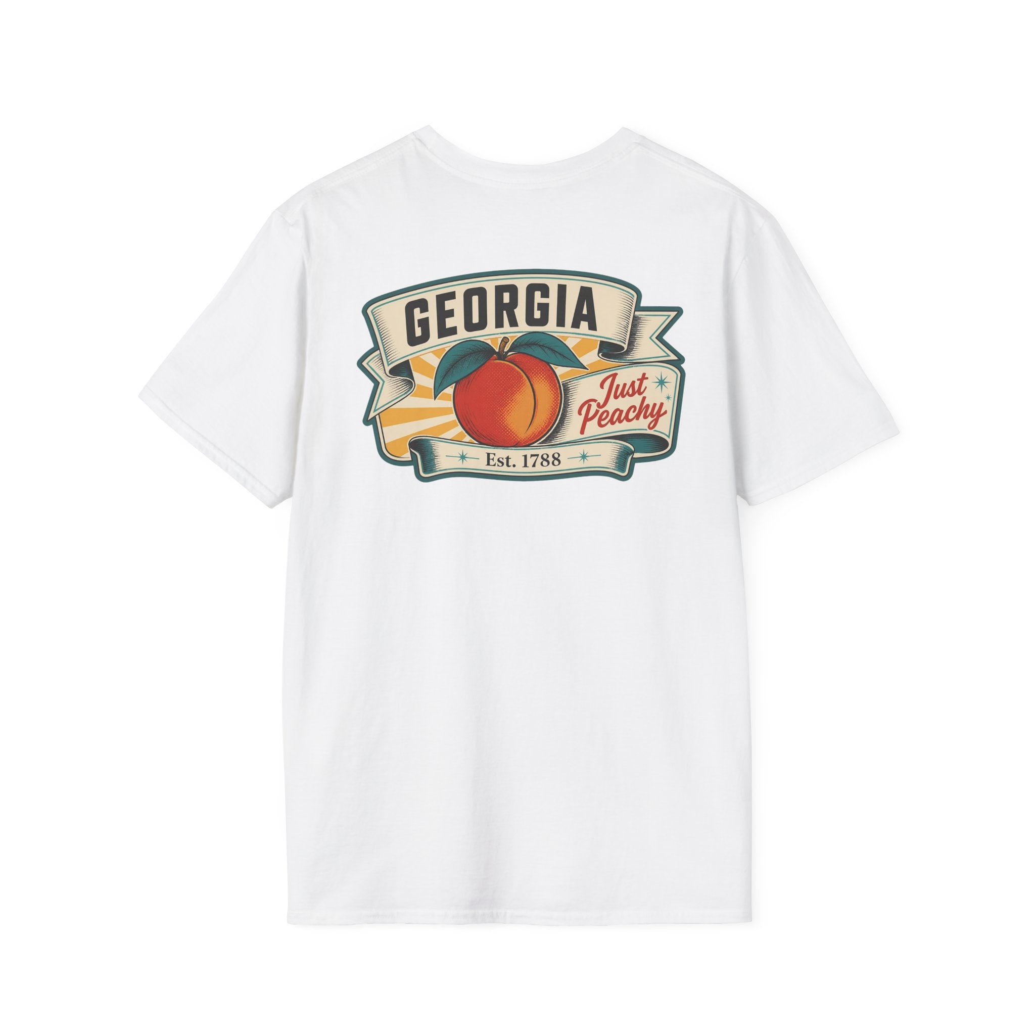 White T-shirt with Georgia badge logo and peach fruit graphic on front