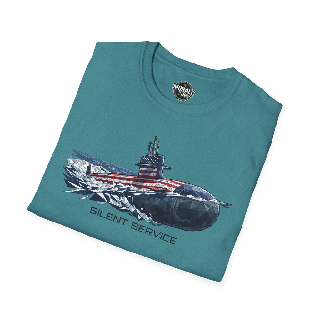 Silent Service submarine T‑shirt in teal, front graphic and “SILENT SERVICE”