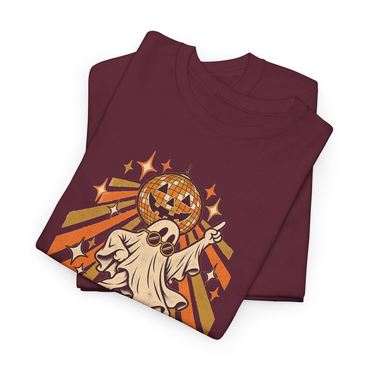 Burgundy T-shirt with dancing ghost disco ball graphic on front