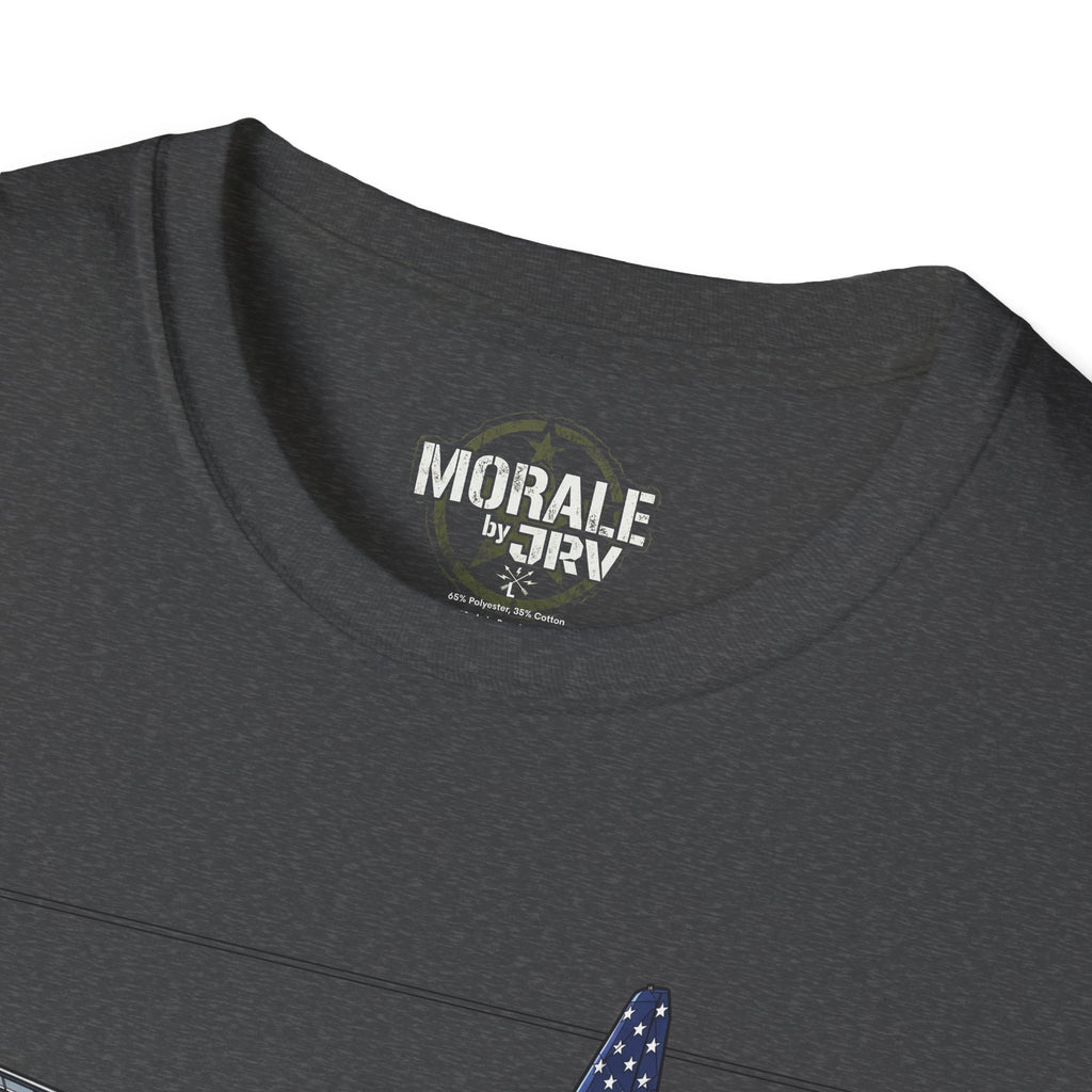 C-130 Hercules T-Shirt collar logo print on dark heather gray fabric