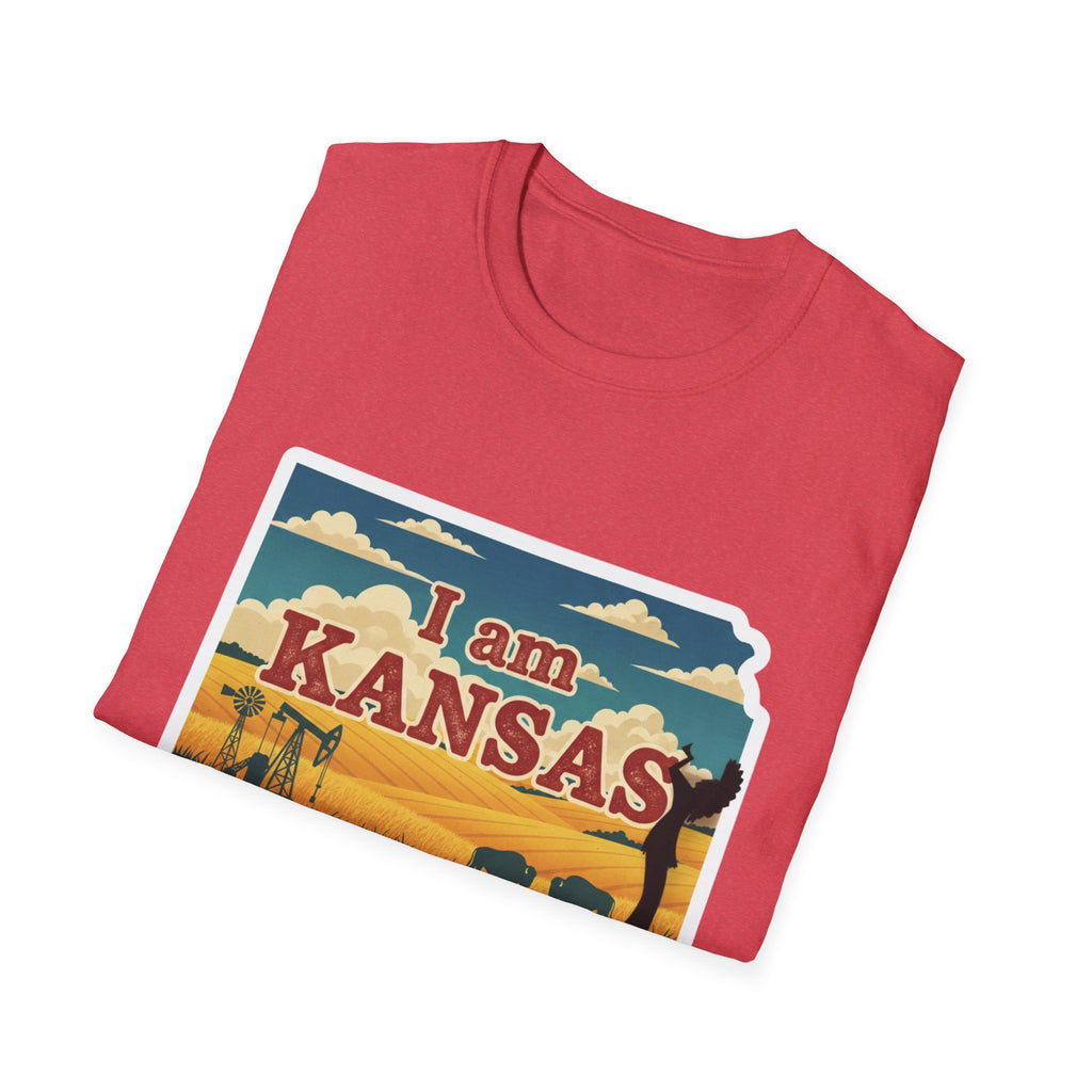Heather red T-shirt with “I am KANSAS” prairie scene graphic
