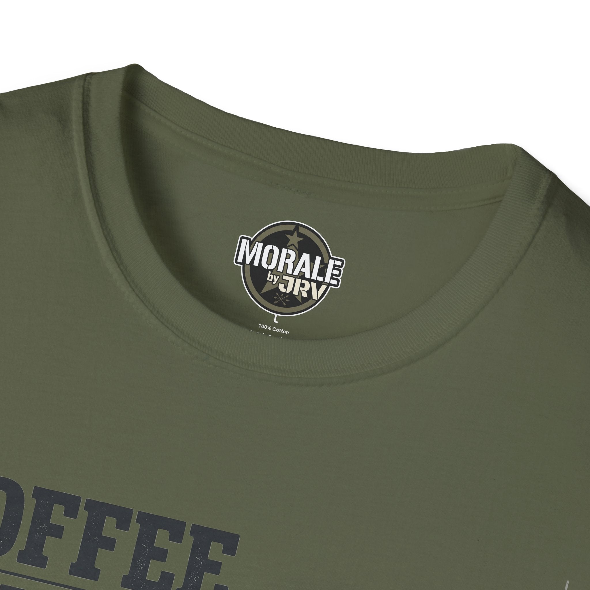 Military green T-shirt with “Morale by Juri” neck logo