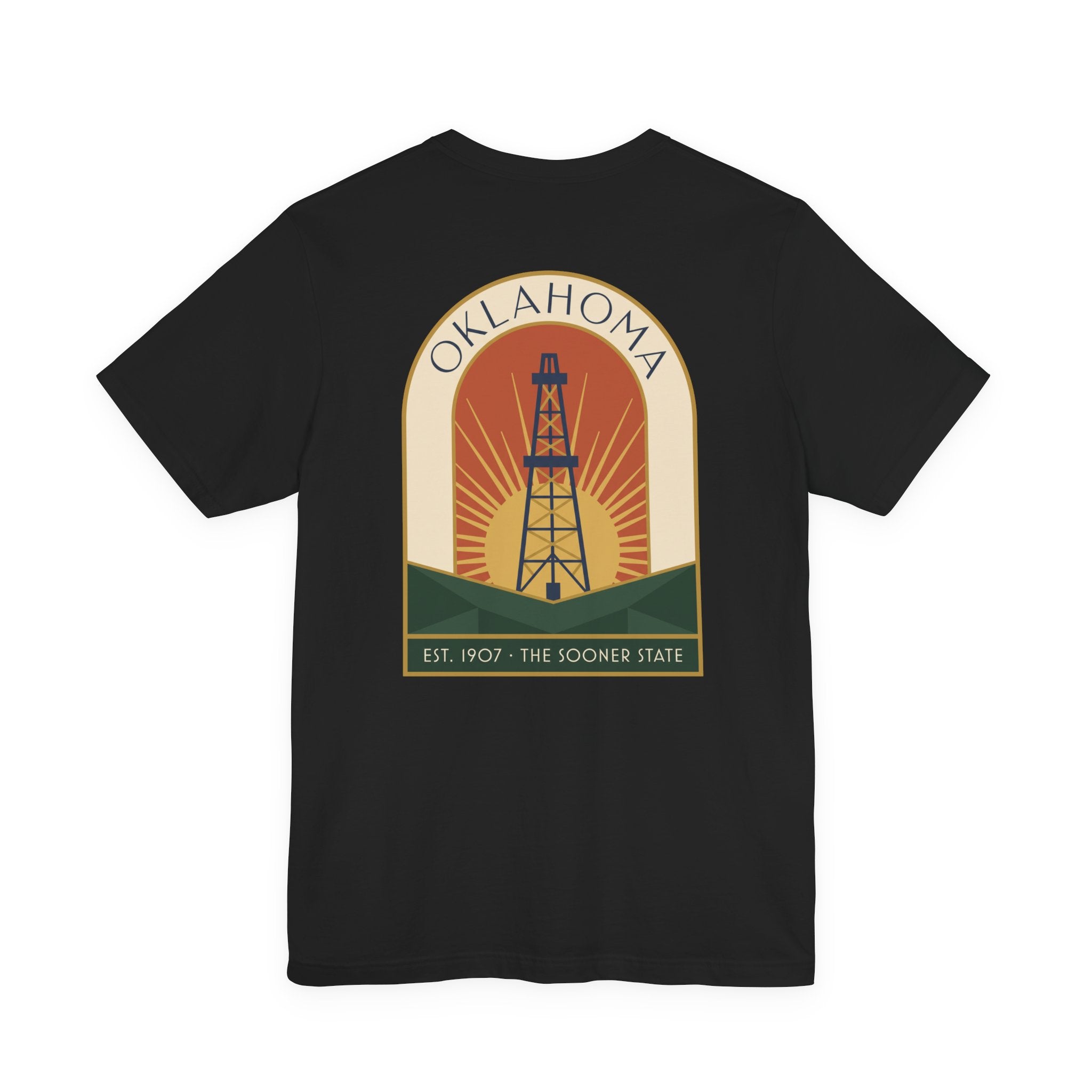 Black T-shirt with large back oil derrick sunset graphic and Oklahoma text