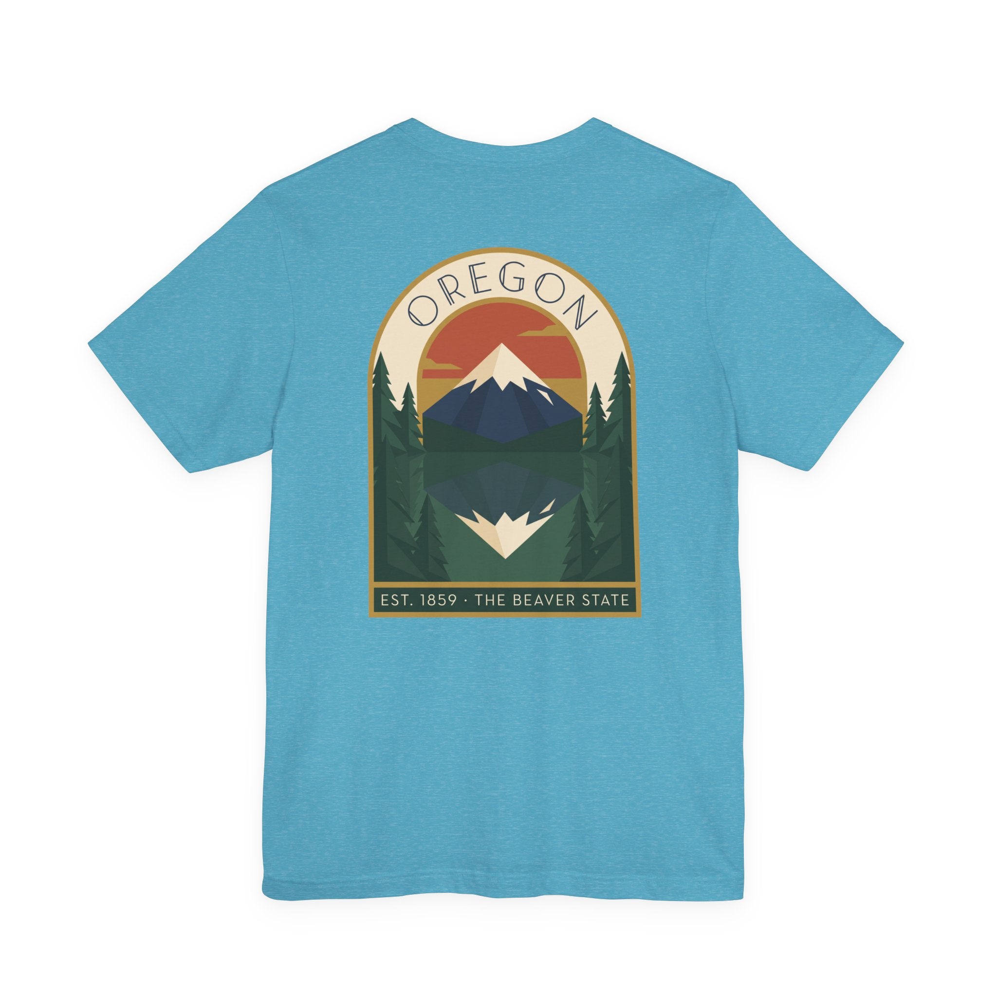 Blue t-shirt with large Oregon mountain graphic print centered on chest