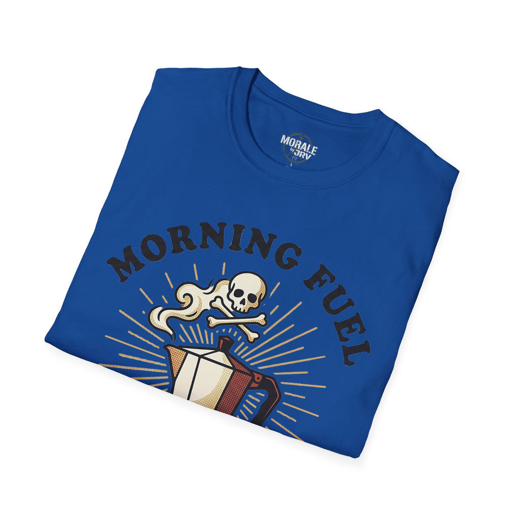 Royal blue T-shirt with “MORNING FUEL” text and skull coffee mug graphic