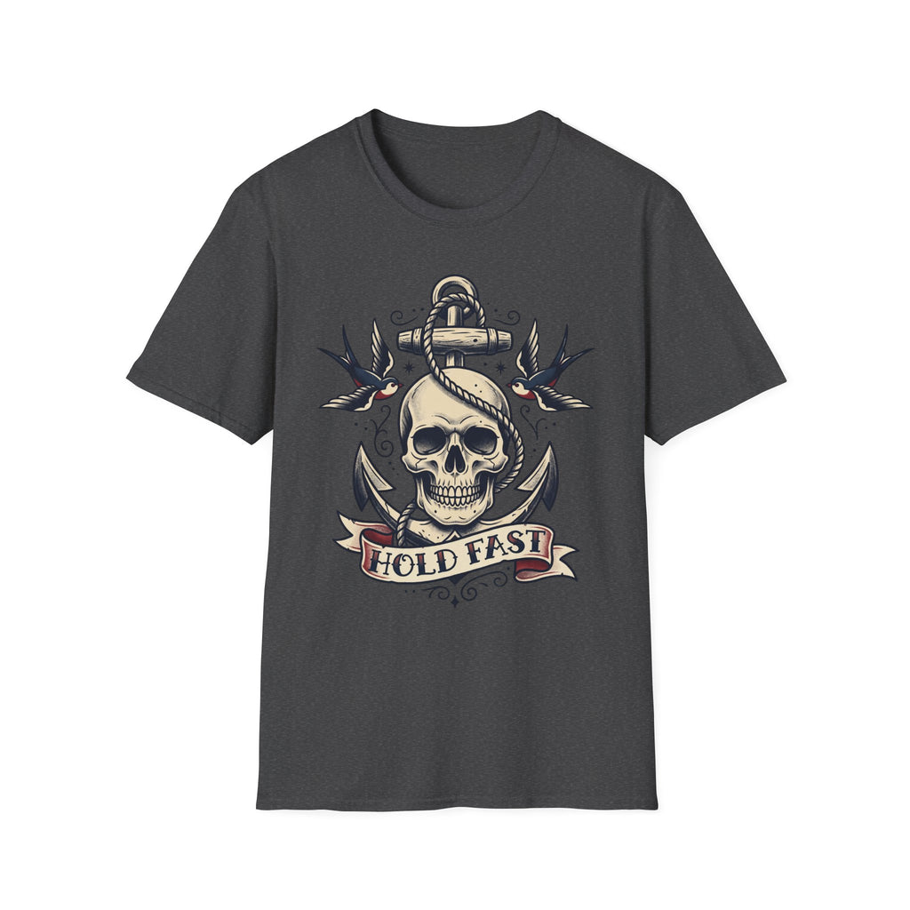 Dark gray T-shirt with skull anchor tattoo graphic and “HOLD FAST” banner