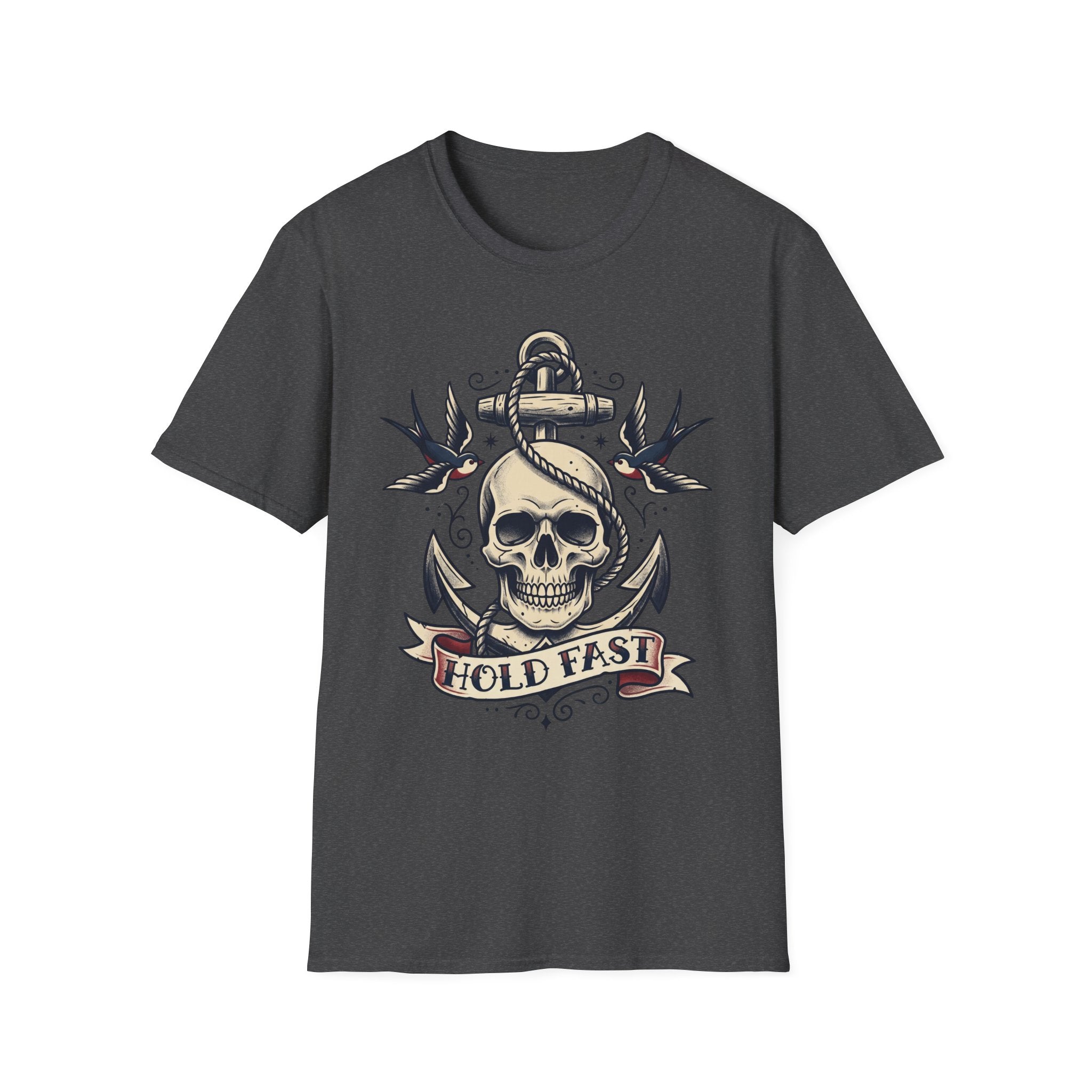 Dark gray T-shirt with skull anchor tattoo graphic and “HOLD FAST” banner