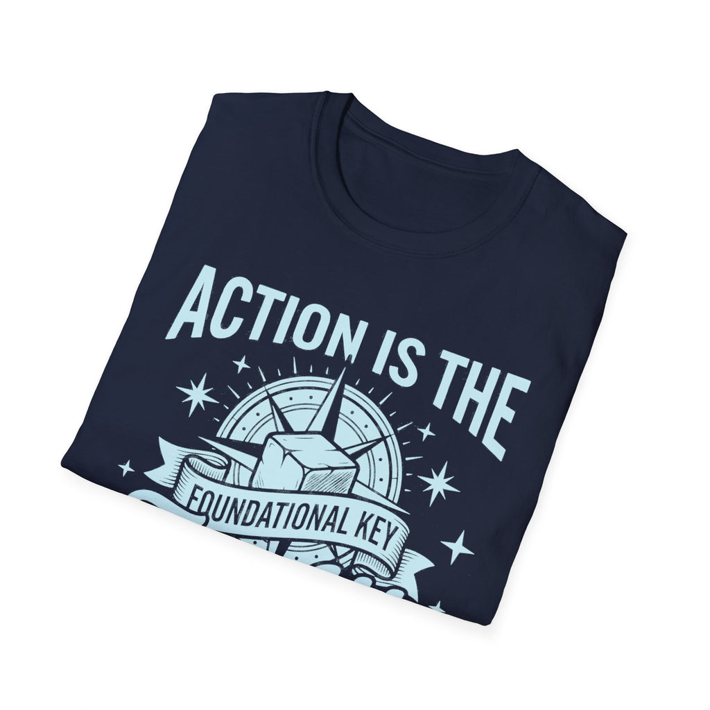 Navy Action Is The Foundational Key T-shirt with illustrated graphic and slogan