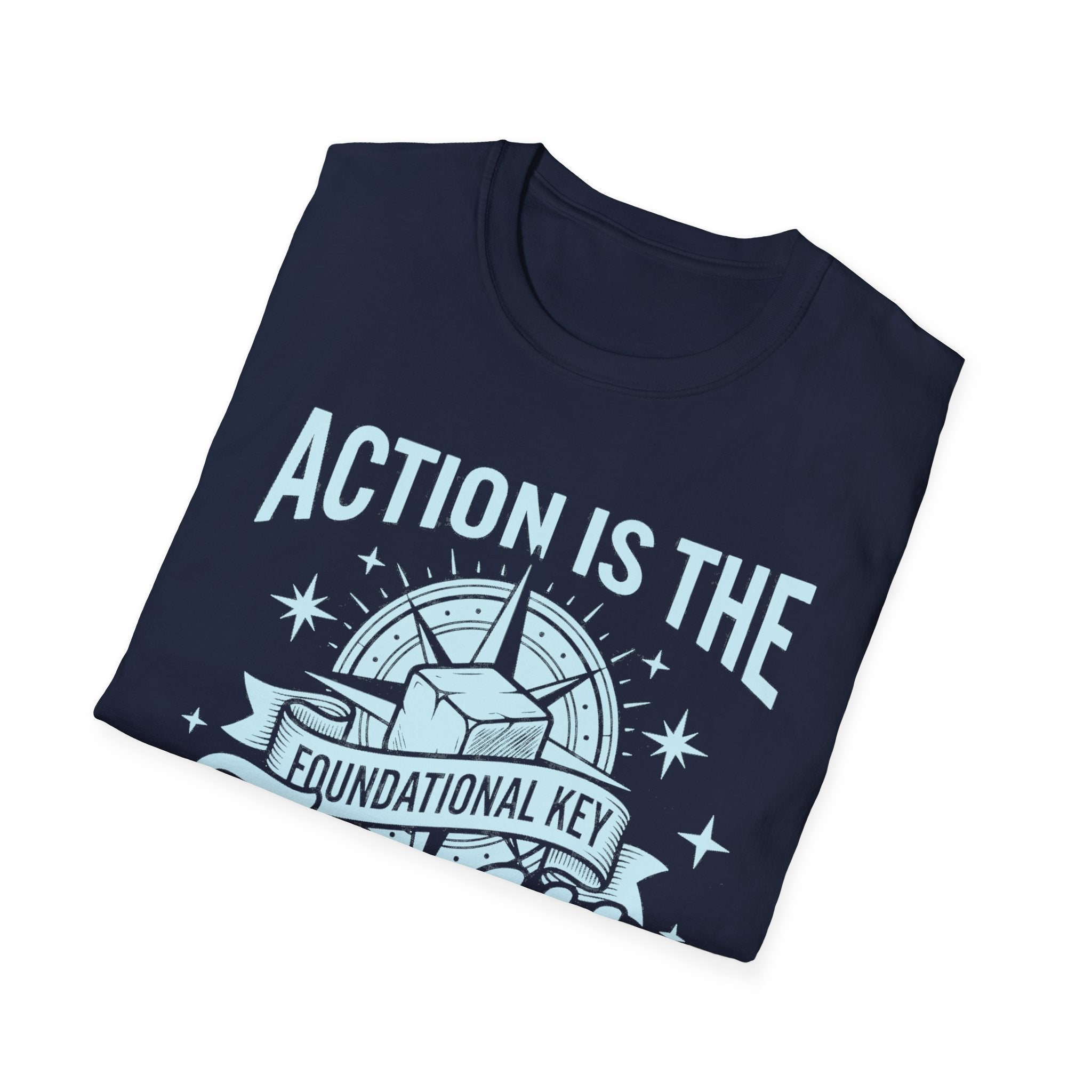 Navy Action Is The Foundational Key T-shirt with illustrated graphic and slogan