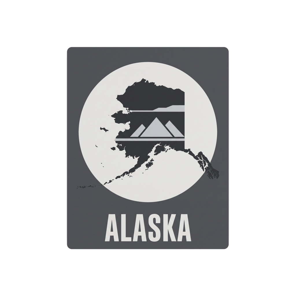 Alaska metal wall art sign with circular map and mountain skyline, dark gray square