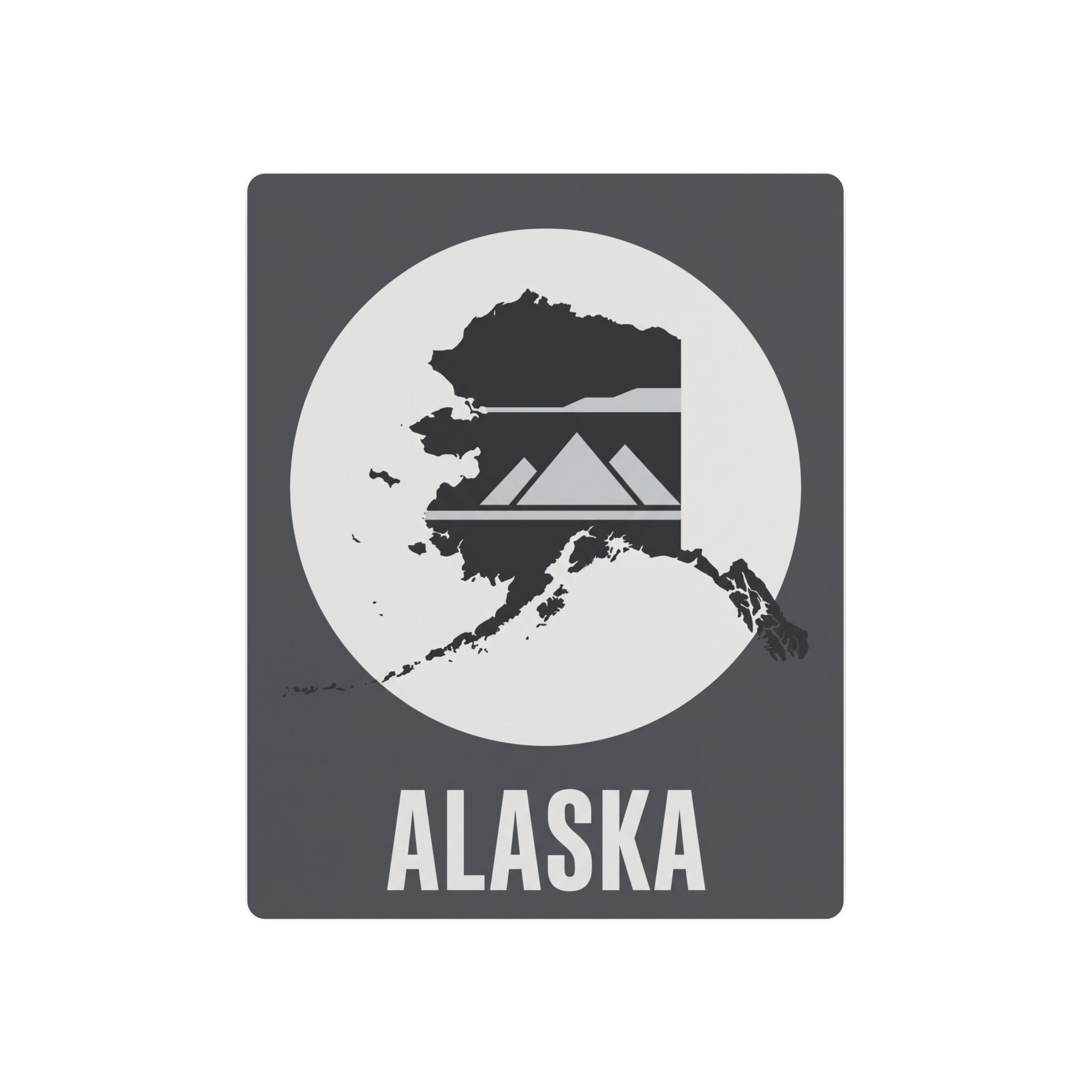 Alaska metal wall art sign with circular map and mountain skyline, dark gray square