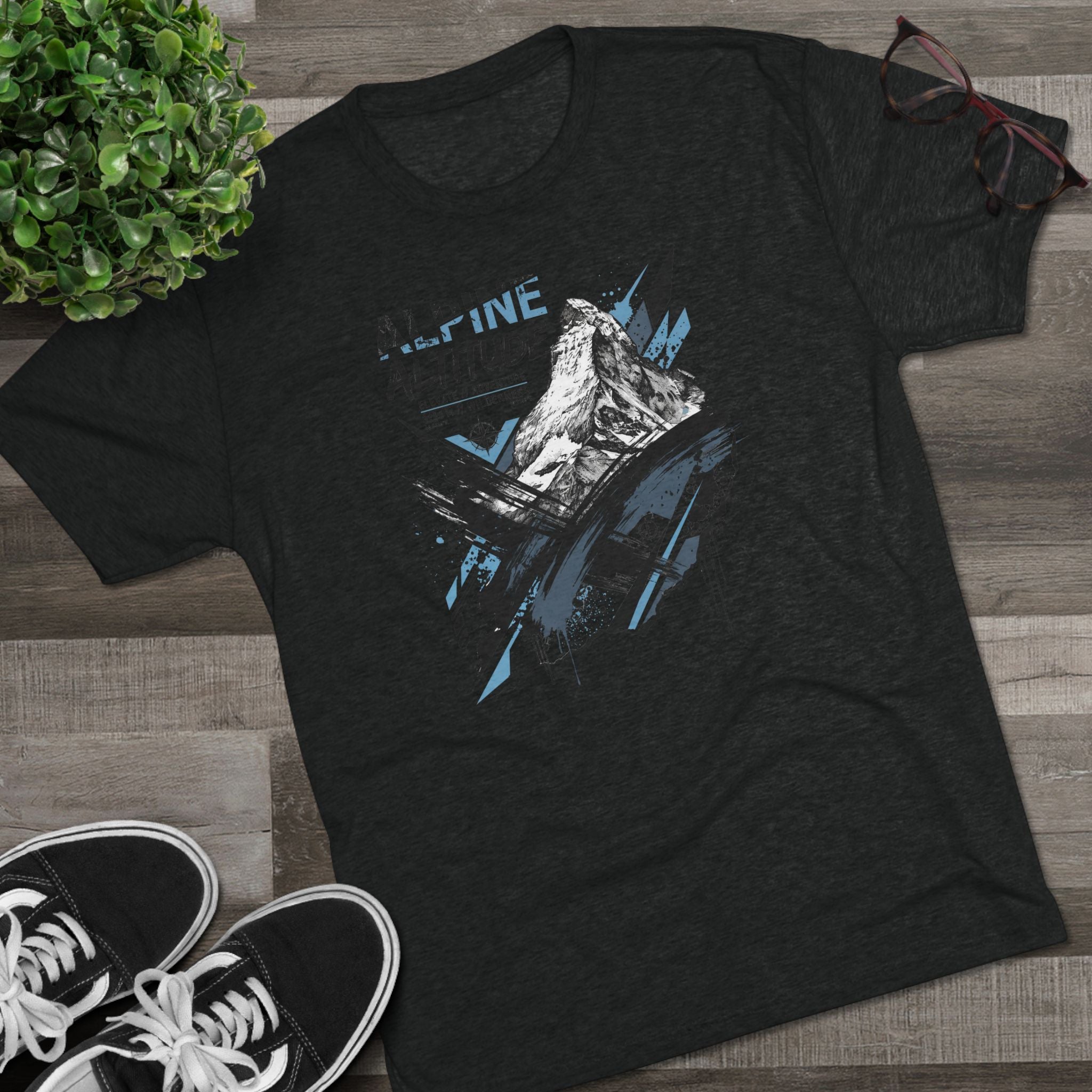 Dark heather crew-neck T-shirt with Alpine Altitude mountain peak graphic on front