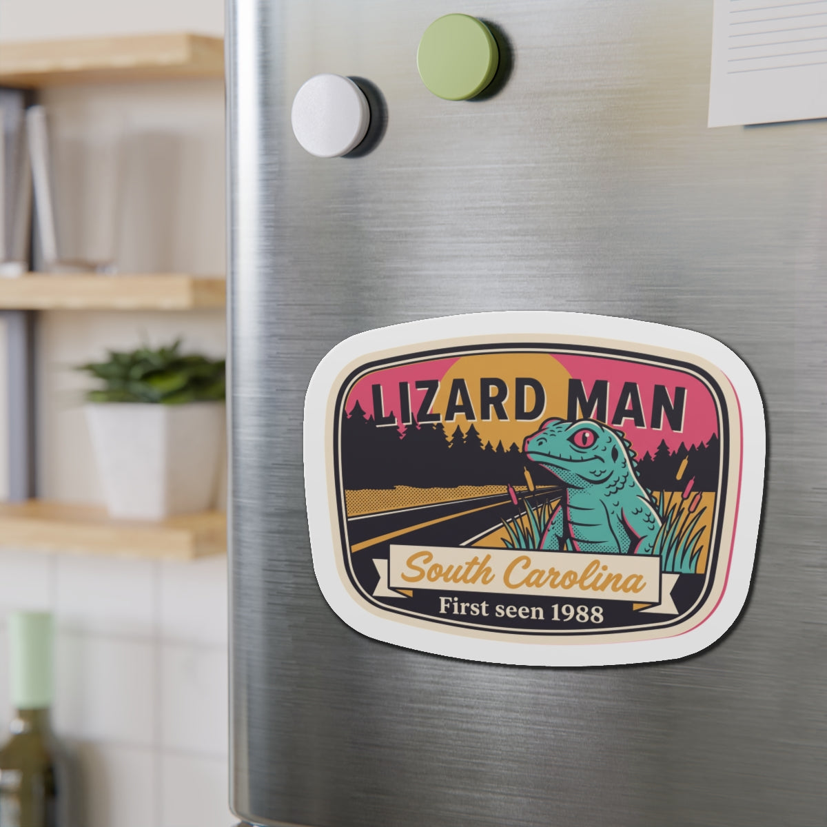 Die-cut magnet sticker featuring blue lizard, forest scene, 'South Carolina' text