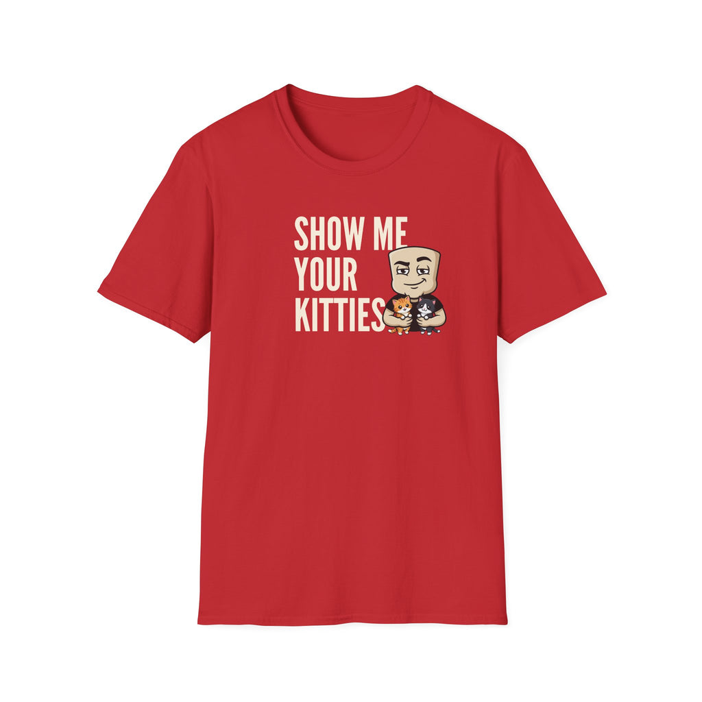 Red T-shirt with "Show Me Your Kitties" cat character graphic