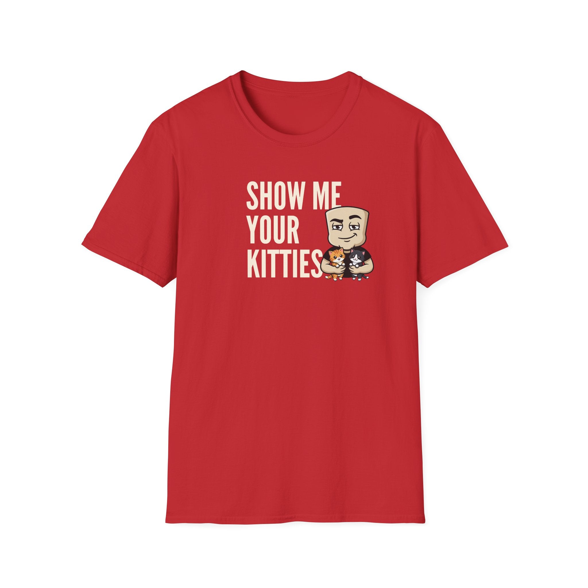 Red T-shirt with "Show Me Your Kitties" cat character graphic