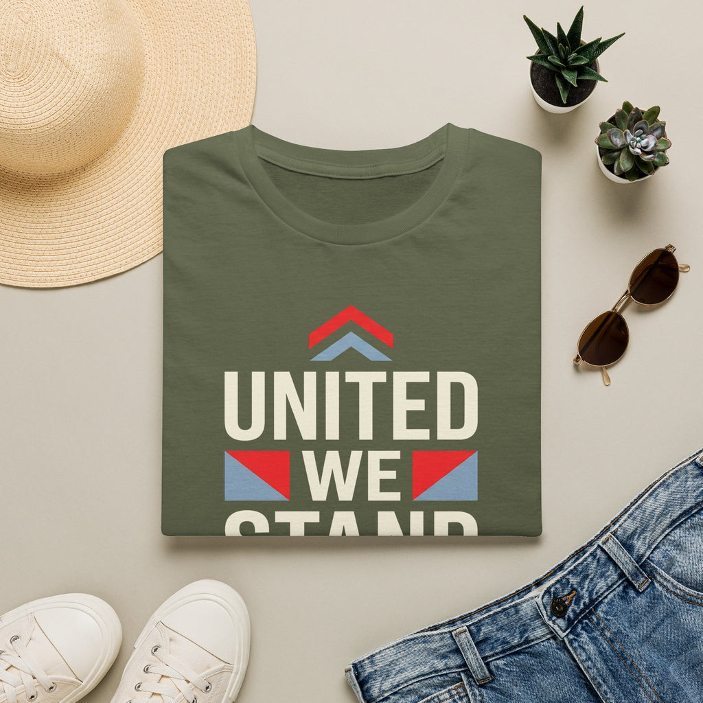 Green crewneck T-shirt with “UNITED WE STAND” typography graphic on the front