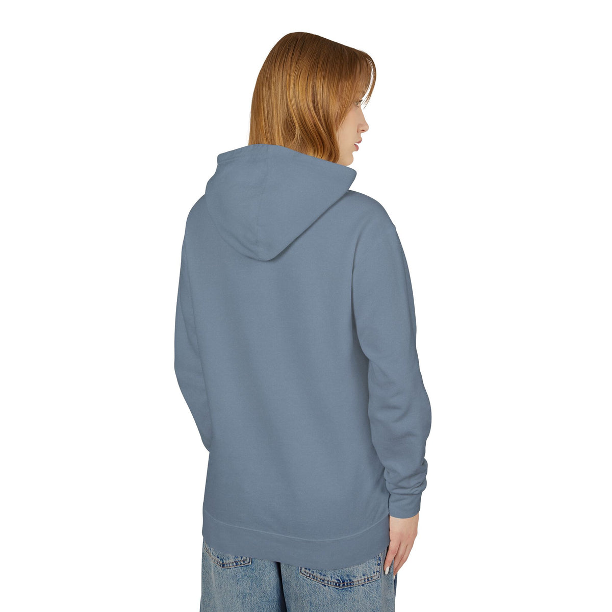 Blue pullover hoodie, back view with hood and long sleeves.