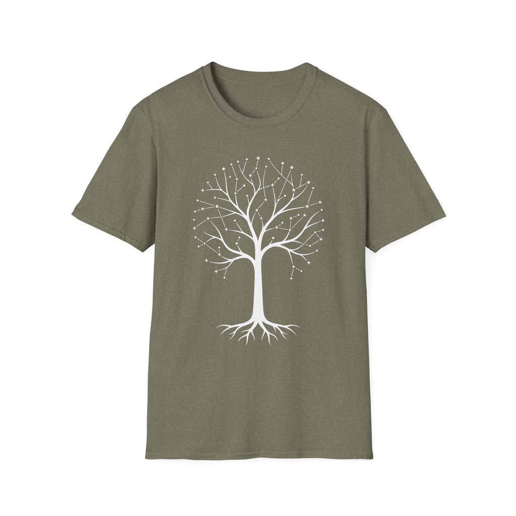 Camiseta verde oliva con árbol de la vida en constelación y raíces botánicas blancas