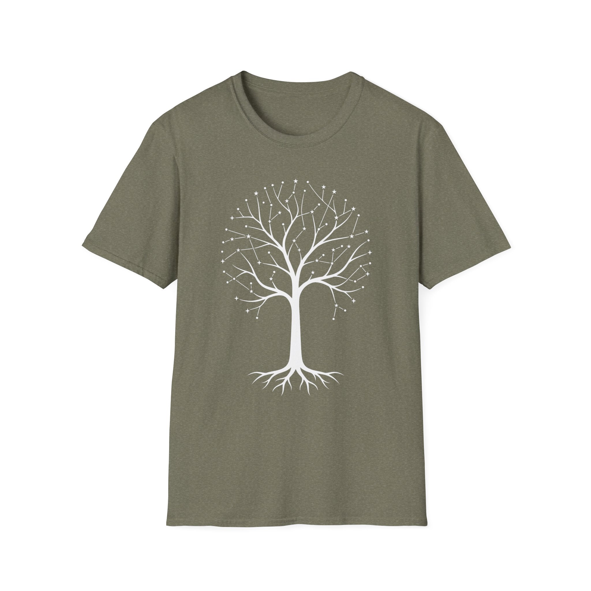 Camiseta verde oliva con árbol de la vida en constelación y raíces botánicas blancas