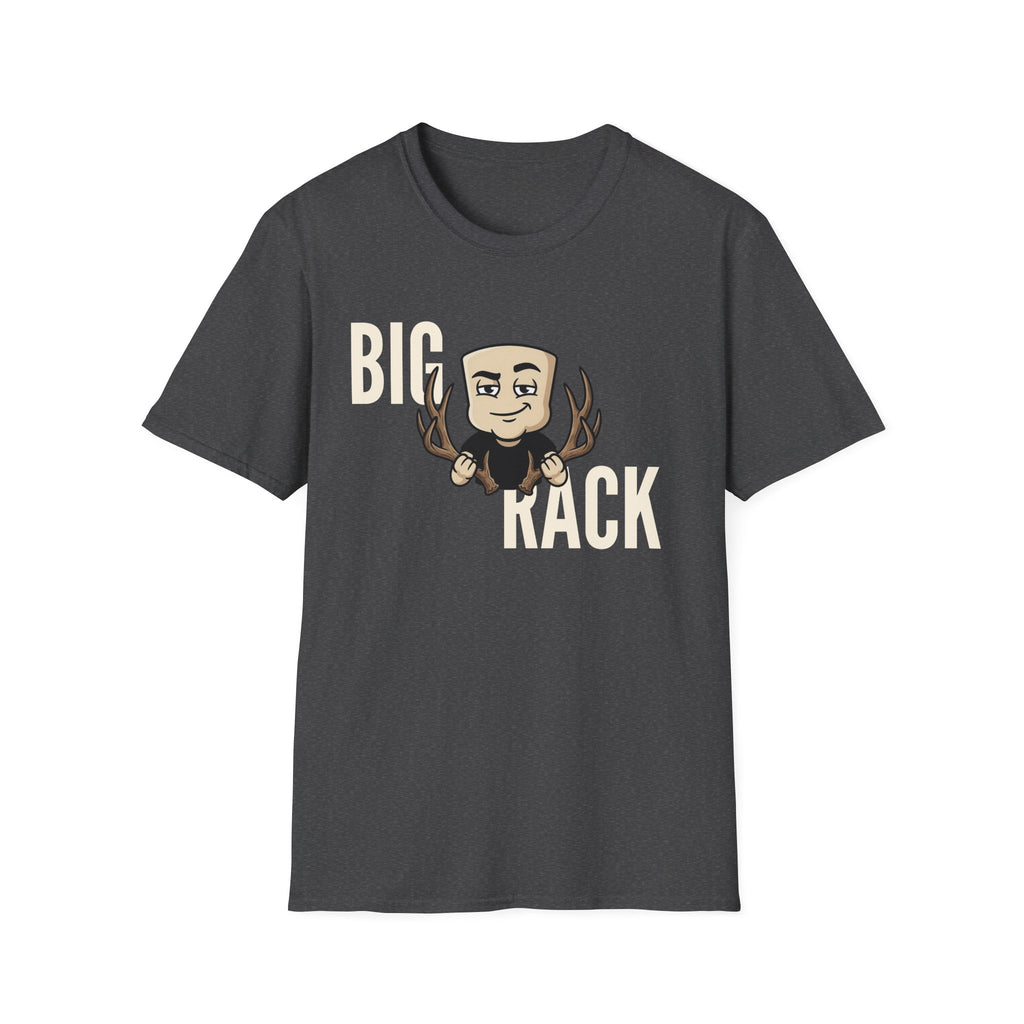 Charcoal T-shirt with "BIG" "KACK" cartoon hunter and antler graphic