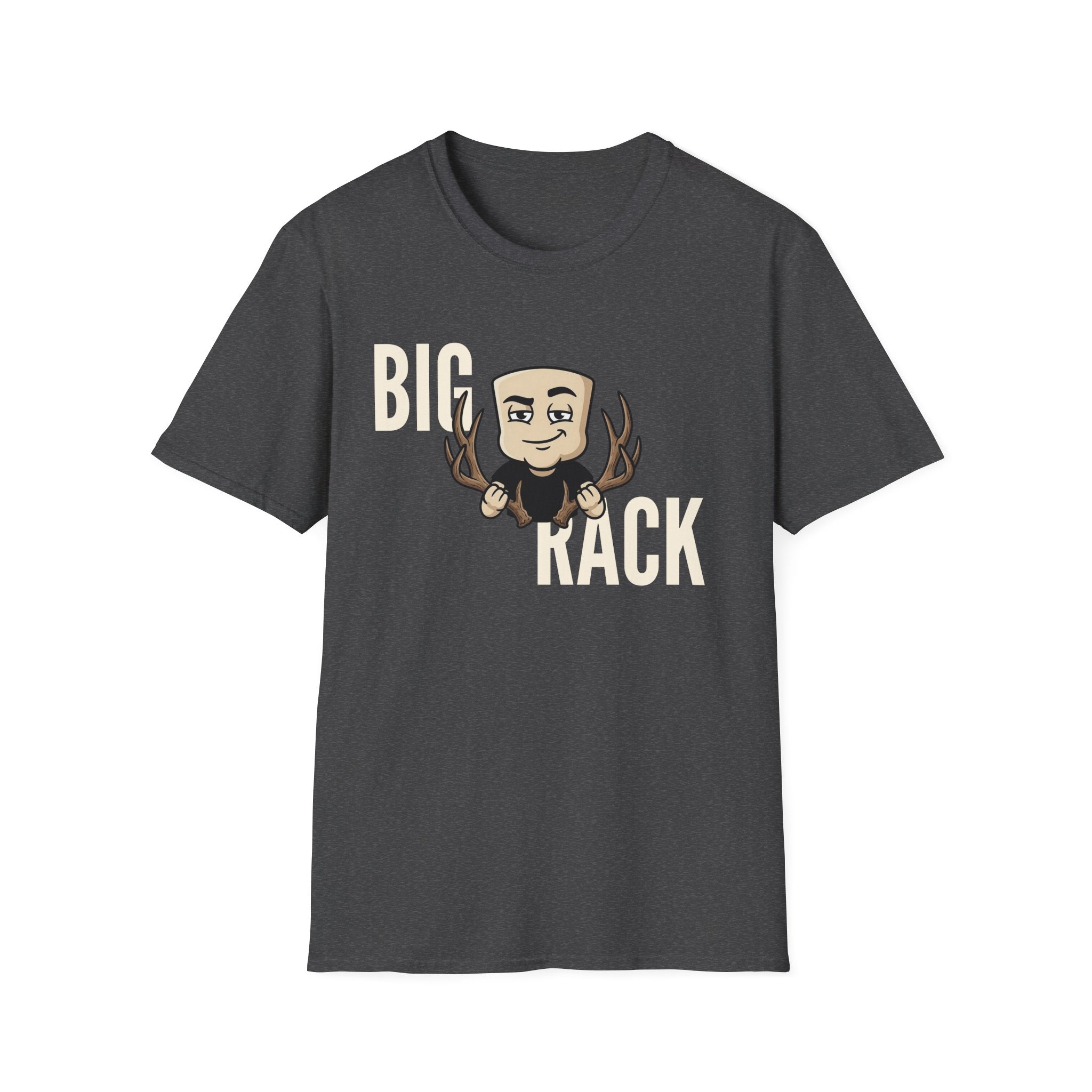 Charcoal T-shirt with "BIG" "KACK" cartoon hunter and antler graphic