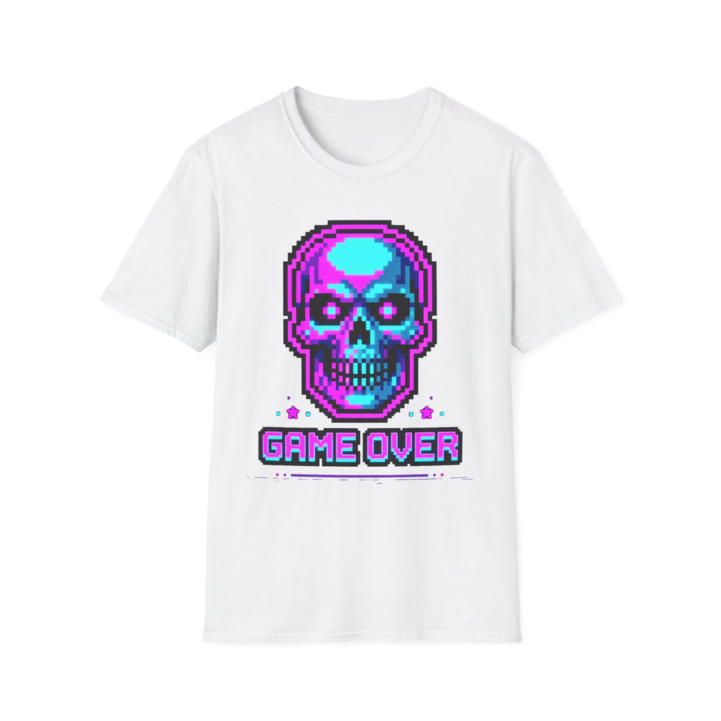 White t-shirt with pixel skull headphones graphic and 'GAME OVER' text