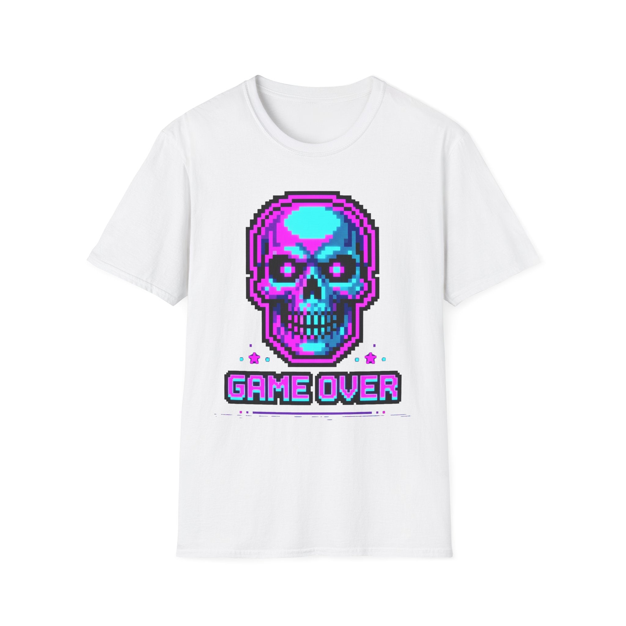 White t-shirt with pixel skull headphones graphic and 'GAME OVER' text