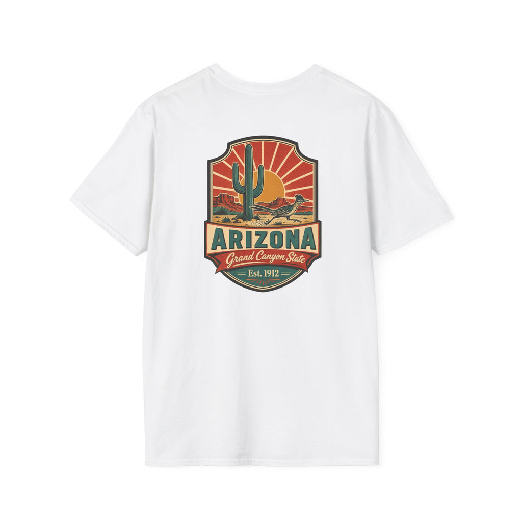White t-shirt with Arizona desert badge logo and cactus graphic