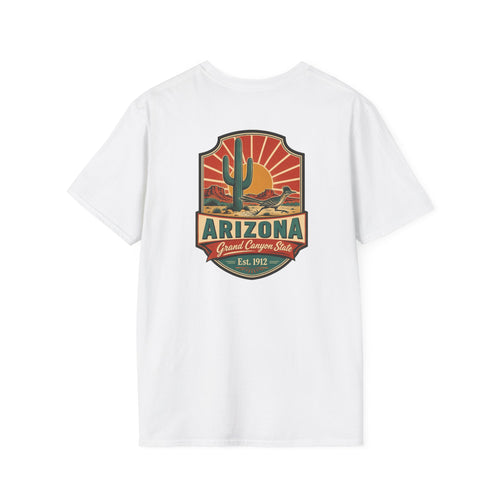 White t-shirt with Arizona desert badge logo and cactus graphic