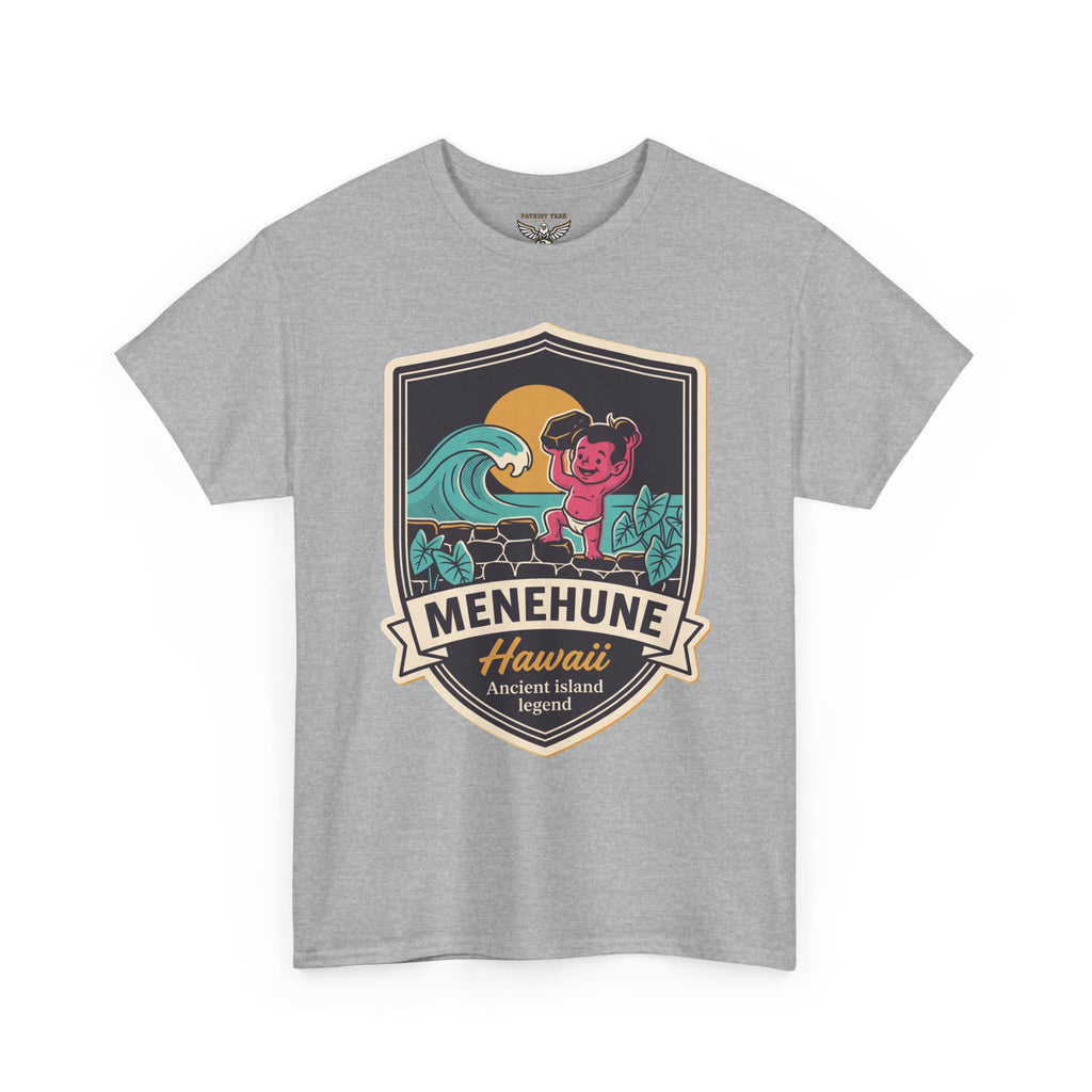 Sport grey kids graphic T-shirt with Menhune Hawaii crest, surf wave and tiki kid emblem