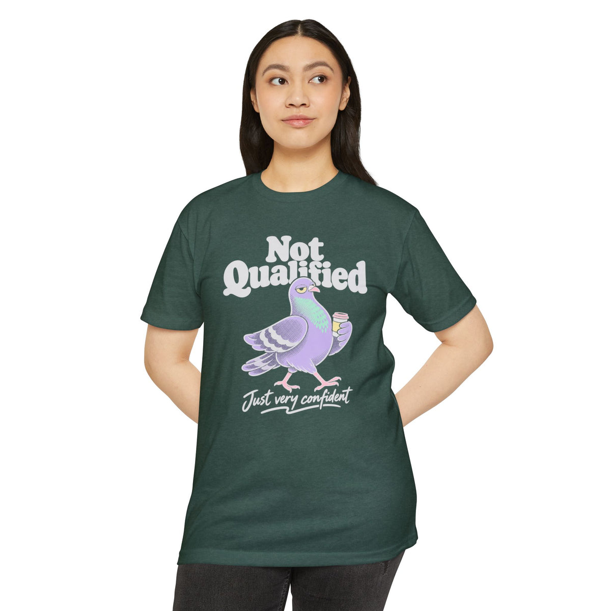 Green crewneck T-shirt with "Not Qualified" pigeon graphic on front