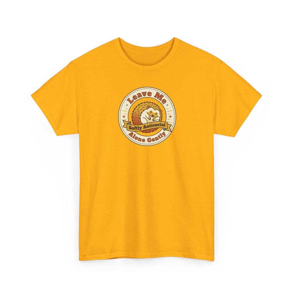Mustard graphic t-shirt with circular hedgehog logo on chest