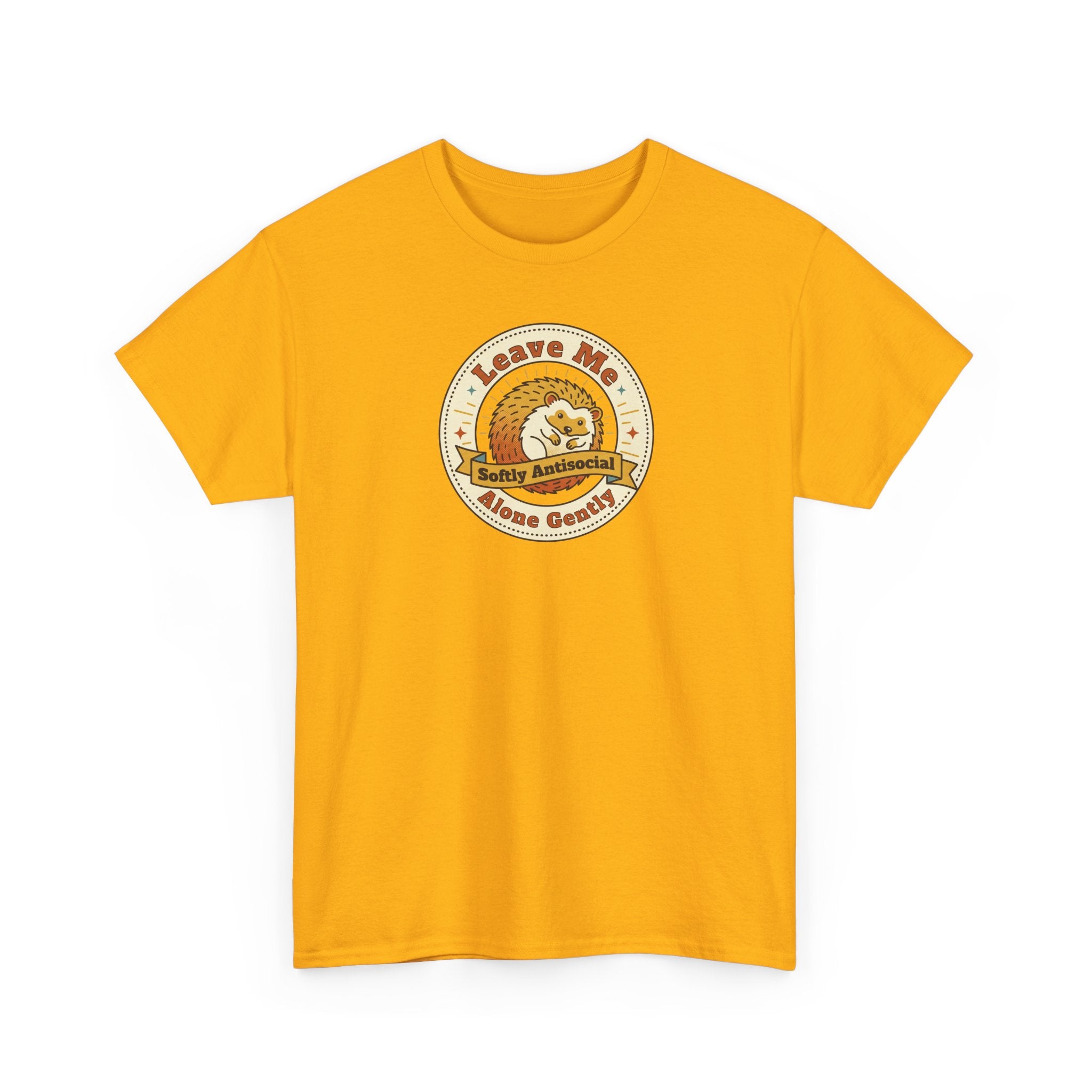 Mustard graphic t-shirt with circular hedgehog logo on chest
