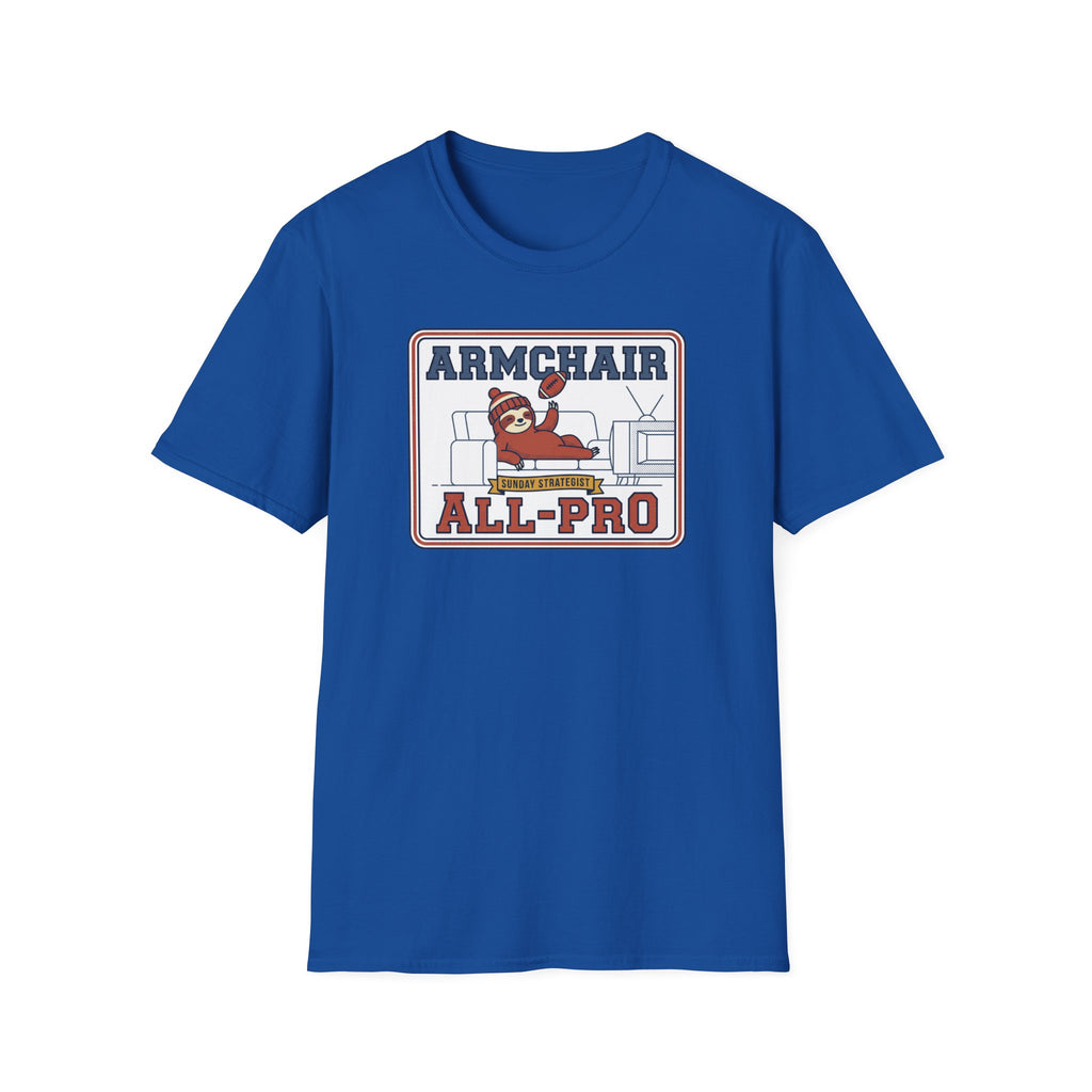 Royal blue T-shirt with front 'ARMCHAIR ALL-PRO' sports graphic