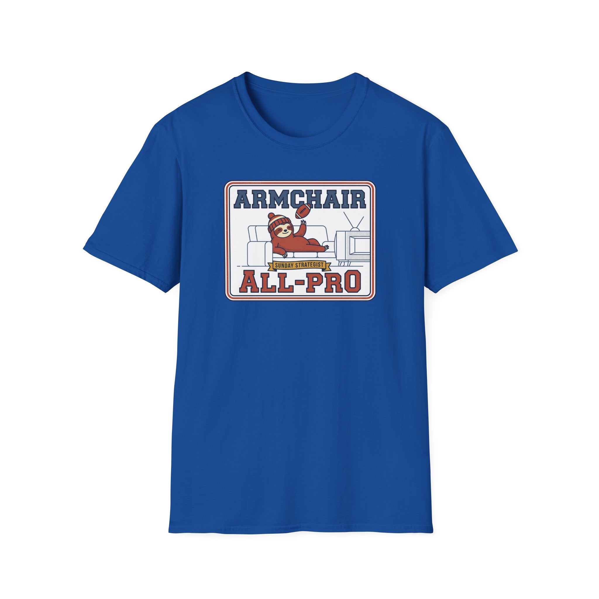 Royal blue T-shirt with front 'ARMCHAIR ALL-PRO' sports graphic
