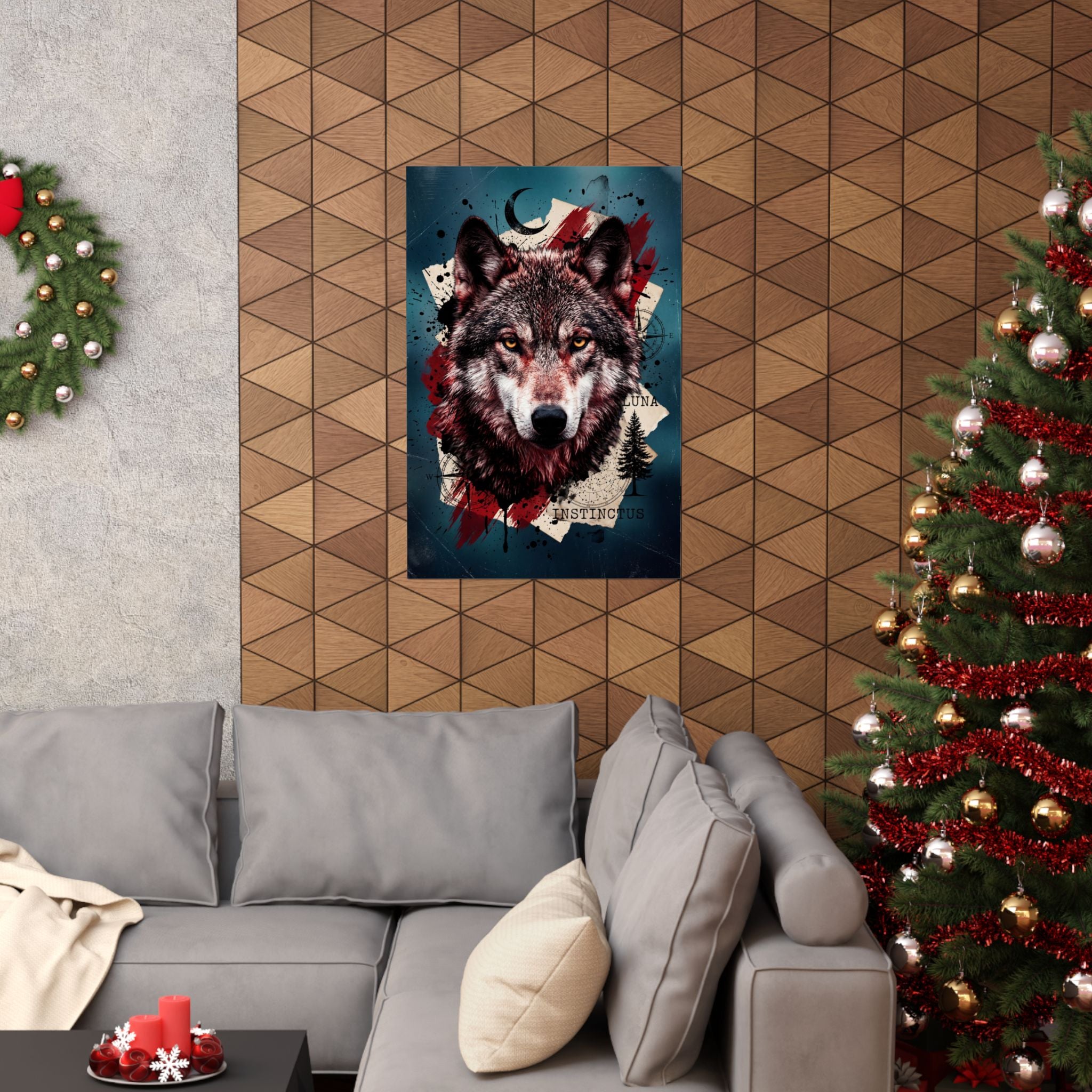 Wolf-Wandkunst-Poster: Wolfsgesicht im Trash-Polka Stil mit Mondsymbol, Spritzern und Typo