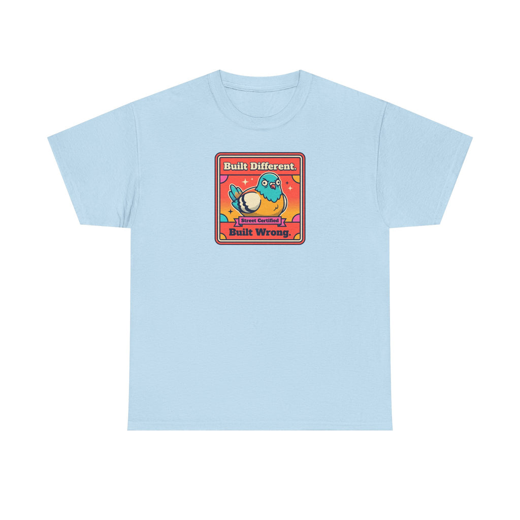 Light blue t-shirt with framed bird graphic, 'Built Different' and 'Built Wrong' text.