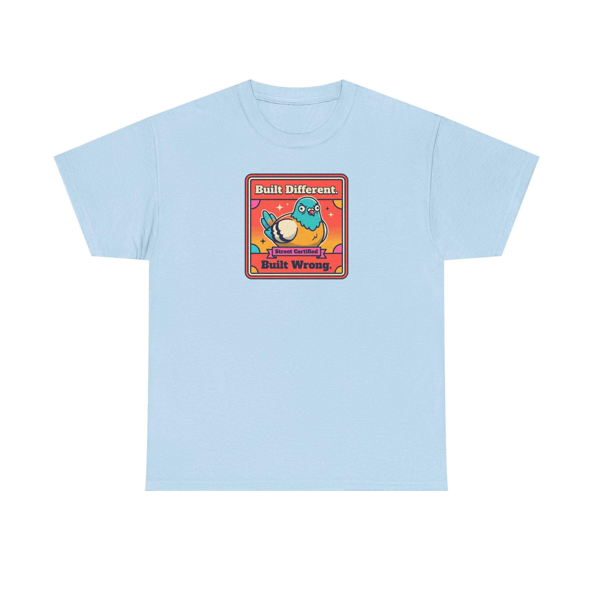 Light blue t-shirt with framed bird graphic, 'Built Different' and 'Built Wrong' text.