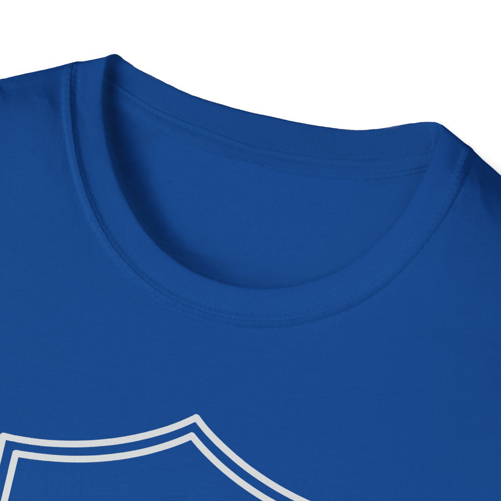 Royal blue crew-neck T-shirt with partial vintage camera graphic at chest