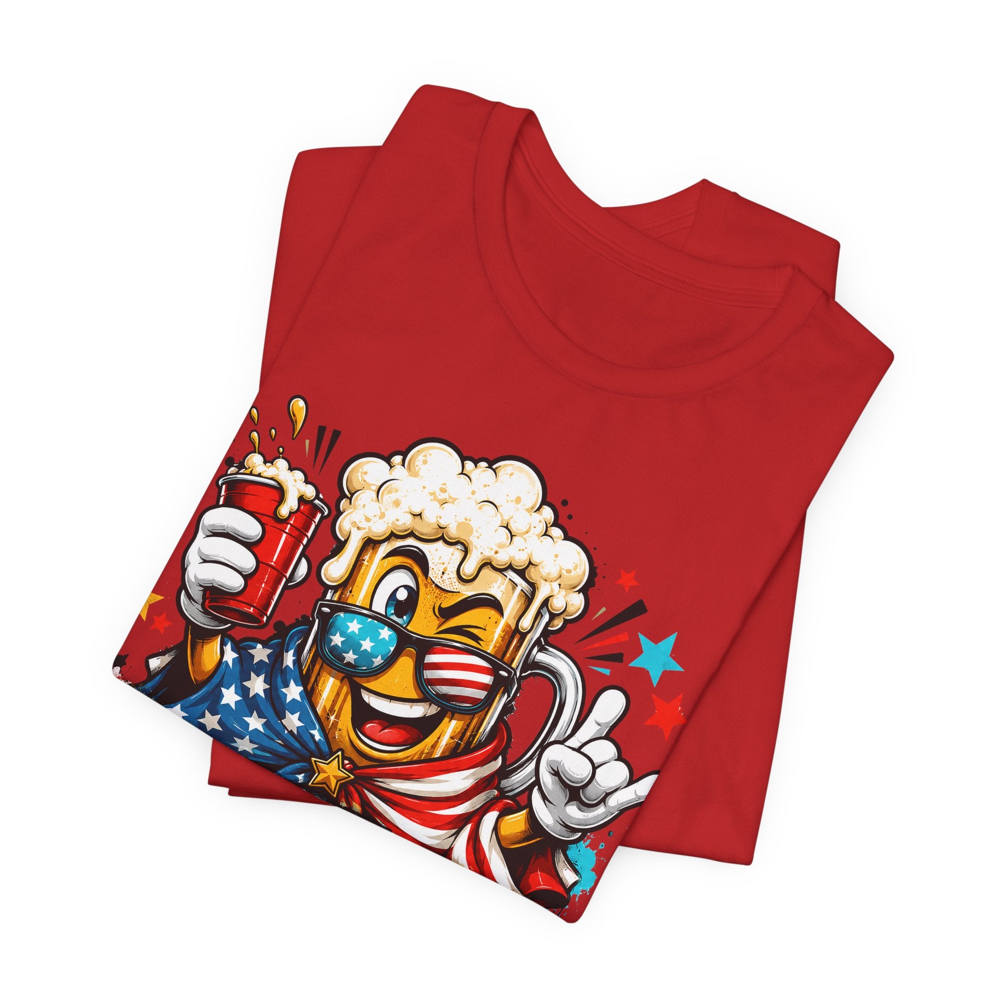 Red crewneck T-shirt with patriotic beer mascot and beer-mug graphic
