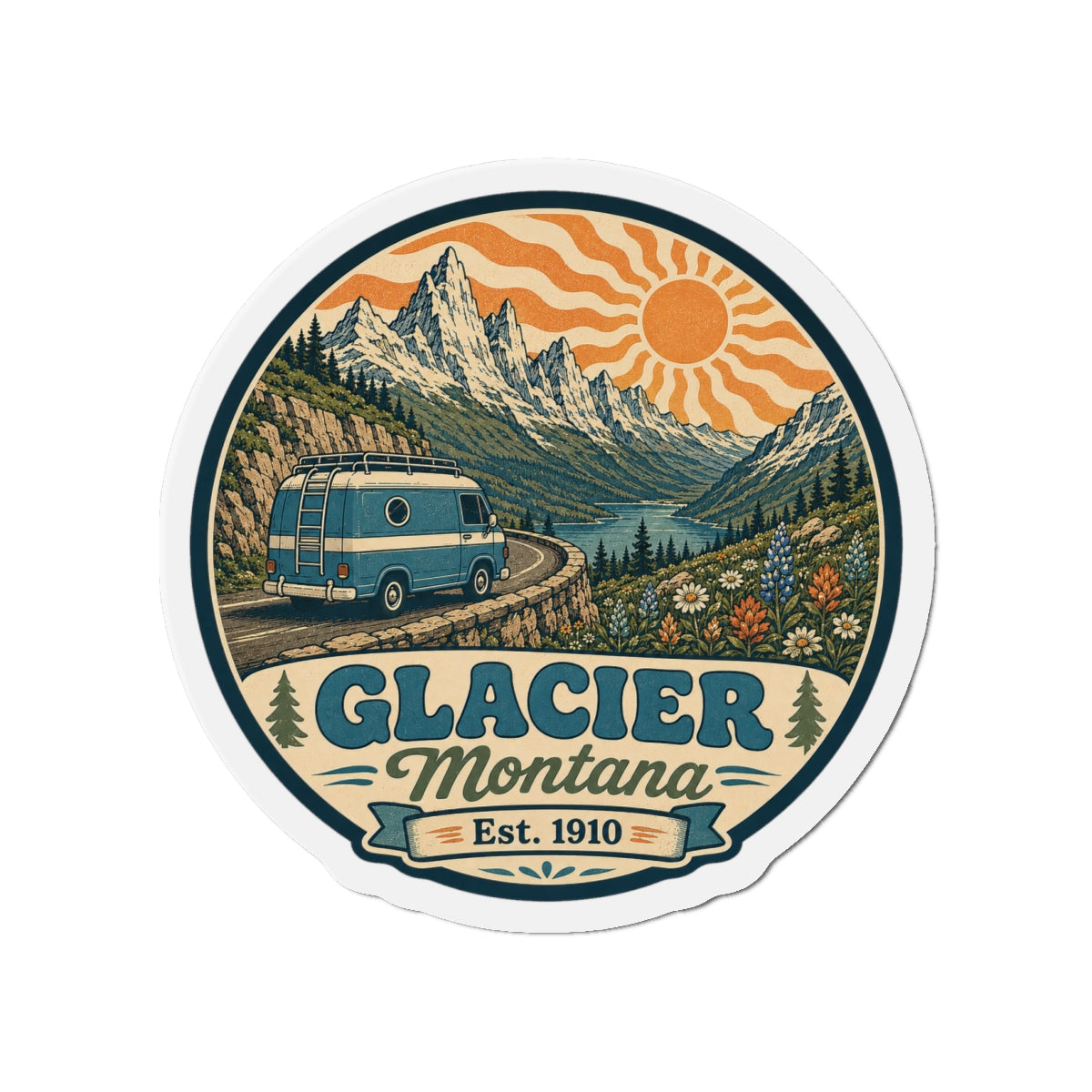 Retro die-cut fridge magnet with teal camper on winding road, mountains, orange sun, Est. 1910