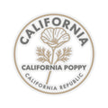 California poppy circular sticker decal with beige flower and ring text