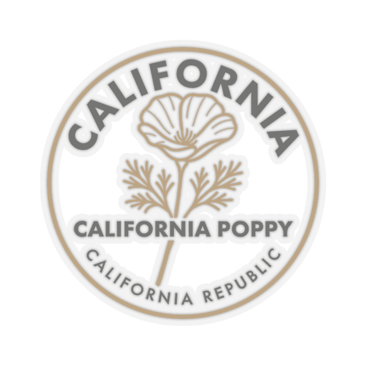 California poppy circular sticker decal with beige flower and ring text