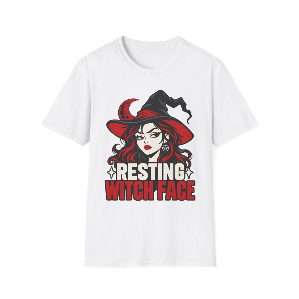 White Halloween T-shirt with resting witch face graphic