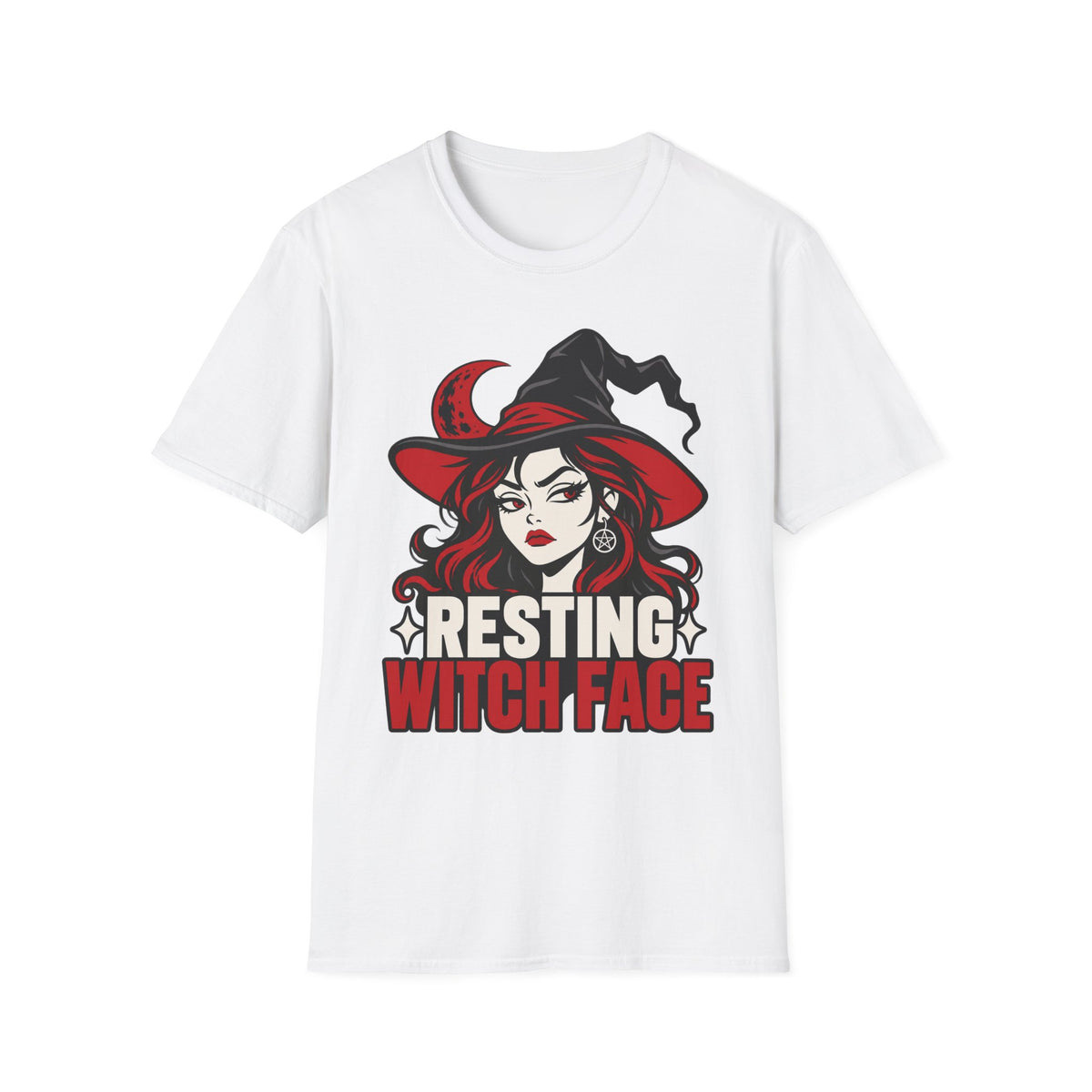 White Halloween T-shirt with resting witch face graphic