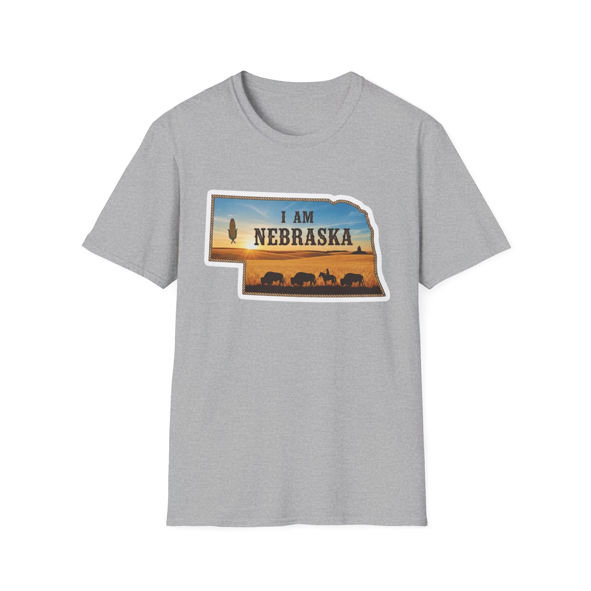 T-Shirt i am Nebraska, hellgrau; bedruckte Nebraska-Silhouette mit Kühen vorn