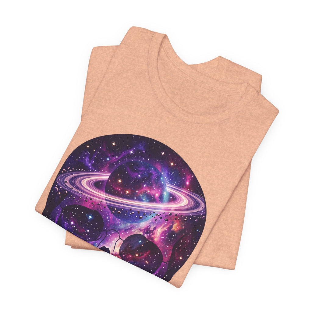 Galaxy Skull T-shirt with nebula skull graphic on heather peach