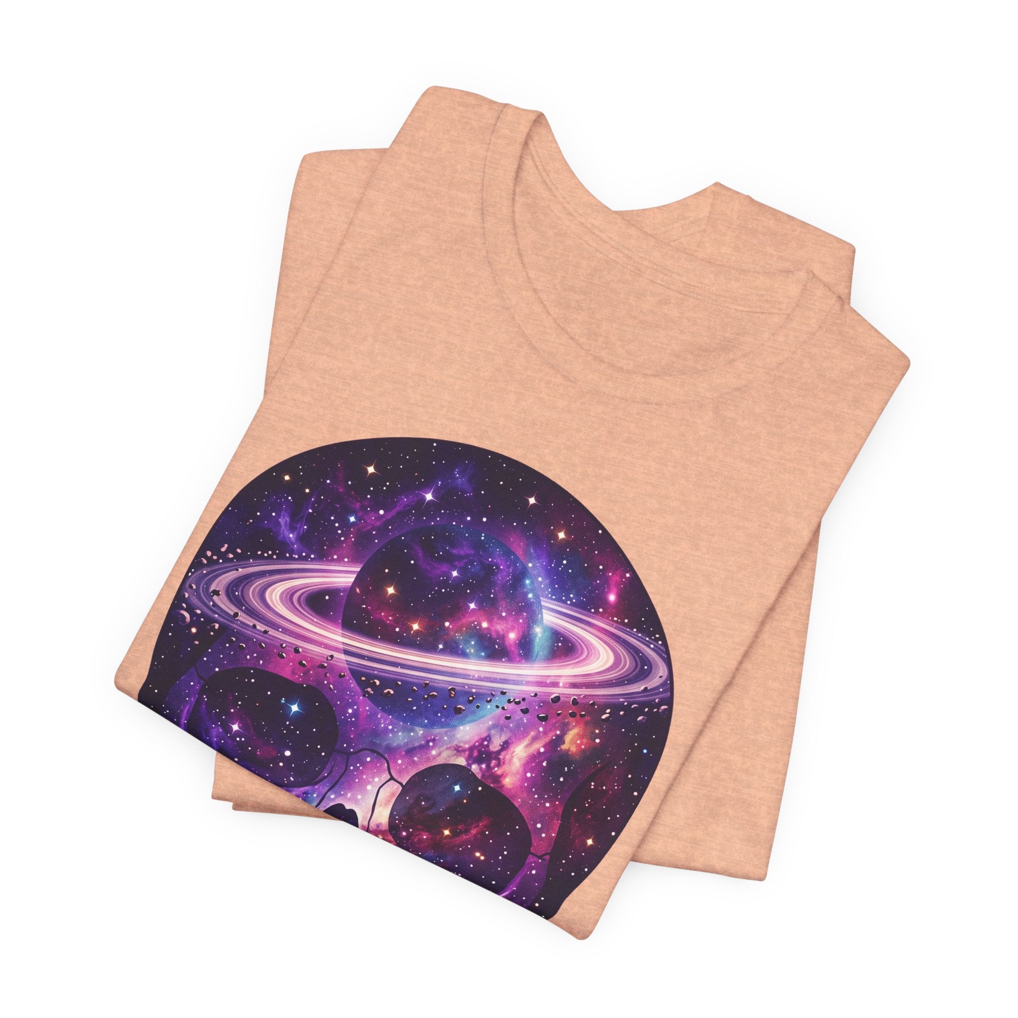 Galaxy Skull T-shirt with nebula skull graphic on heather peach