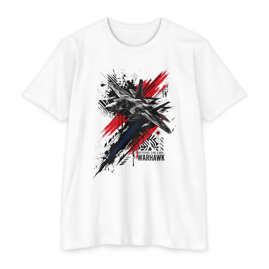 Crew neck T-shirt in white with warplane graffiti graphic in red, blue, and black.