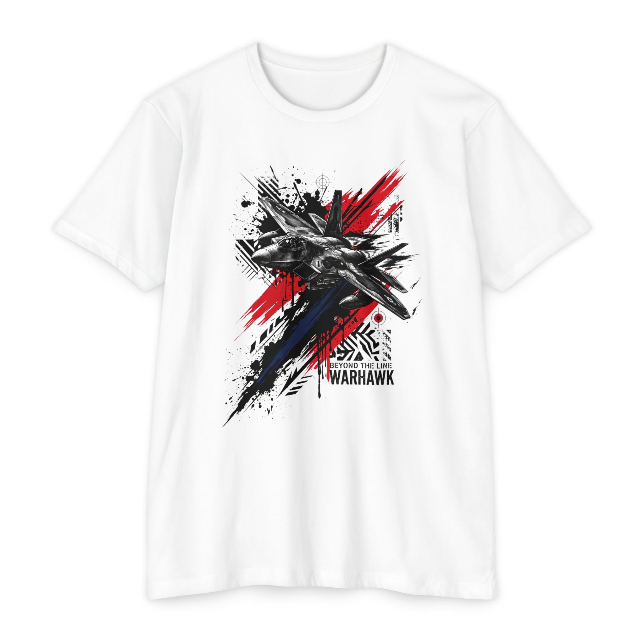 Crew neck T-shirt in white with warplane graffiti graphic in red, blue, and black.